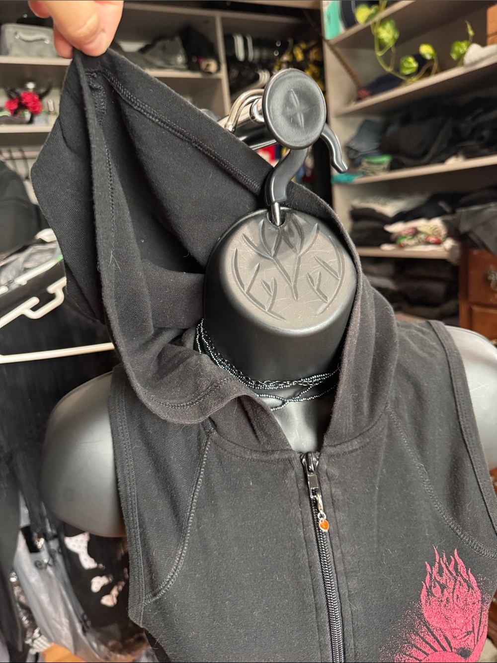 Sleeveless Black Zip Hoodie with Red Sacred Heart Graphic - Picture 4 of 9